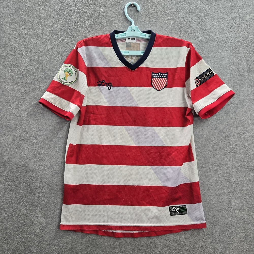 Lrg Men Shirt M Red Striped Jersey Embroidered Patch Short Sleeve Logo Y2K